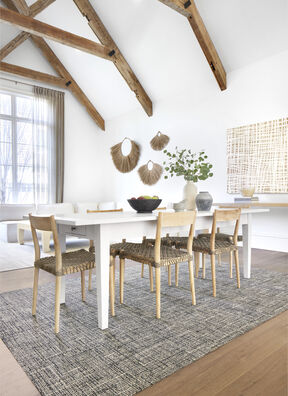 Dining room with FLOR London Twill area rug shown in Flint/Pearl