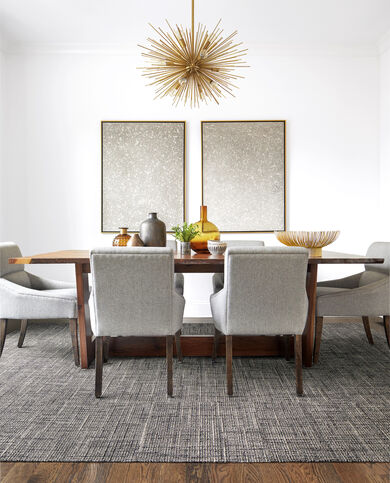 Dining Room with FLOR London Twill area rug shown in Flint/Pearl