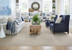 Living room with FLOR Out Of Line area rug shown in Chalk