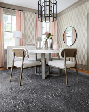 Dining room with FLOR On The Dot area rug shown in Granite/Silver