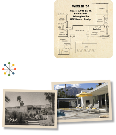 Wexler '54 floorplan with historic and modern photos in Palm Springs