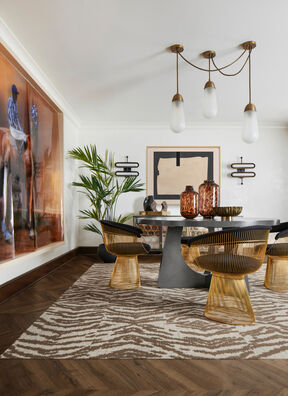 Dining room with FLOR Into The Wild area rug shown in Wheat