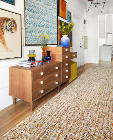 FLOR runner rug Tailored Touch shown in Clementine