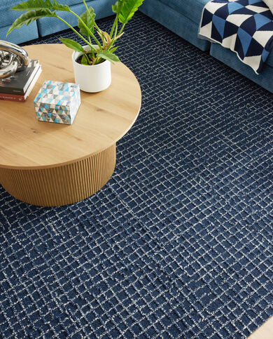 FLOR Squared Away area rug shown in Midnight/Pearl