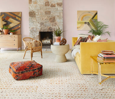 Living room FLOR Vintage Vibe area rug shown in Clementine