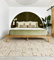 Bedroom with FLOR Check It Out area rug shown in Pearl