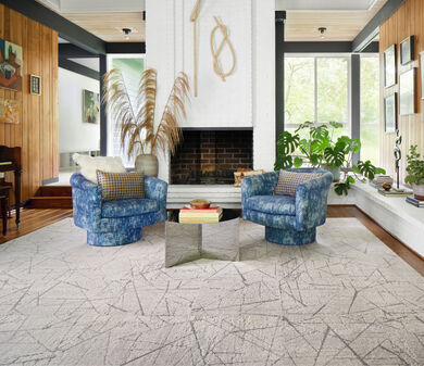 Living room FLOR Chasing Pavement area rug shown in Chalk/Silver