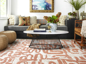 Living room featuring FLOR Scenic Route shown in Bone/Coral