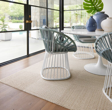 Dining room chair with FLOR Hit The Road area rug shown in Bone