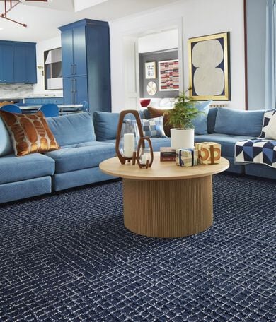 Modern living room with FLOR Squared Away area rug shown in Midnight/Pearl