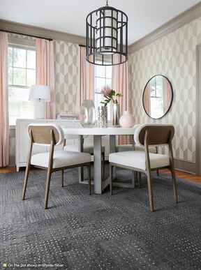 Dining room with FLOR On The Dot area rug shown in Granite/Silver