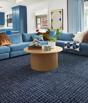 Living room with FLOR Squared Away area rug shown in Midnight/Pearl